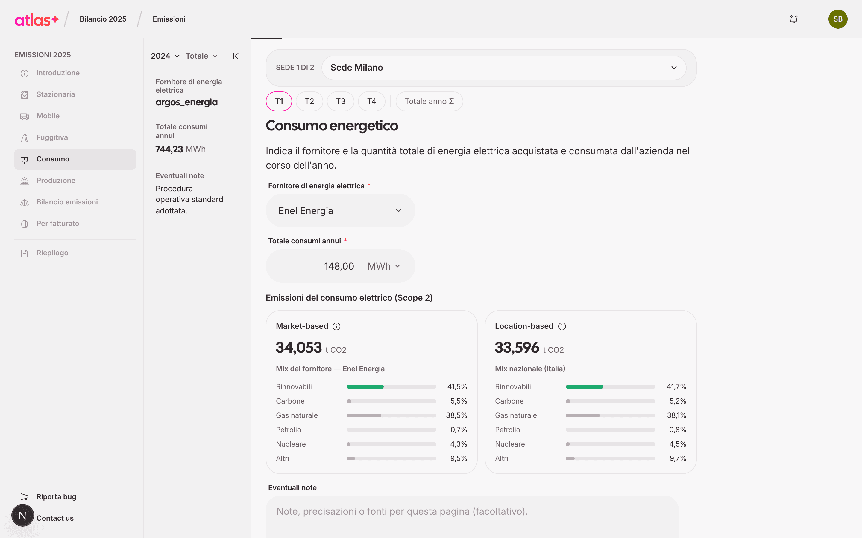 Pagina Consumo energetico con il mix del fornitore