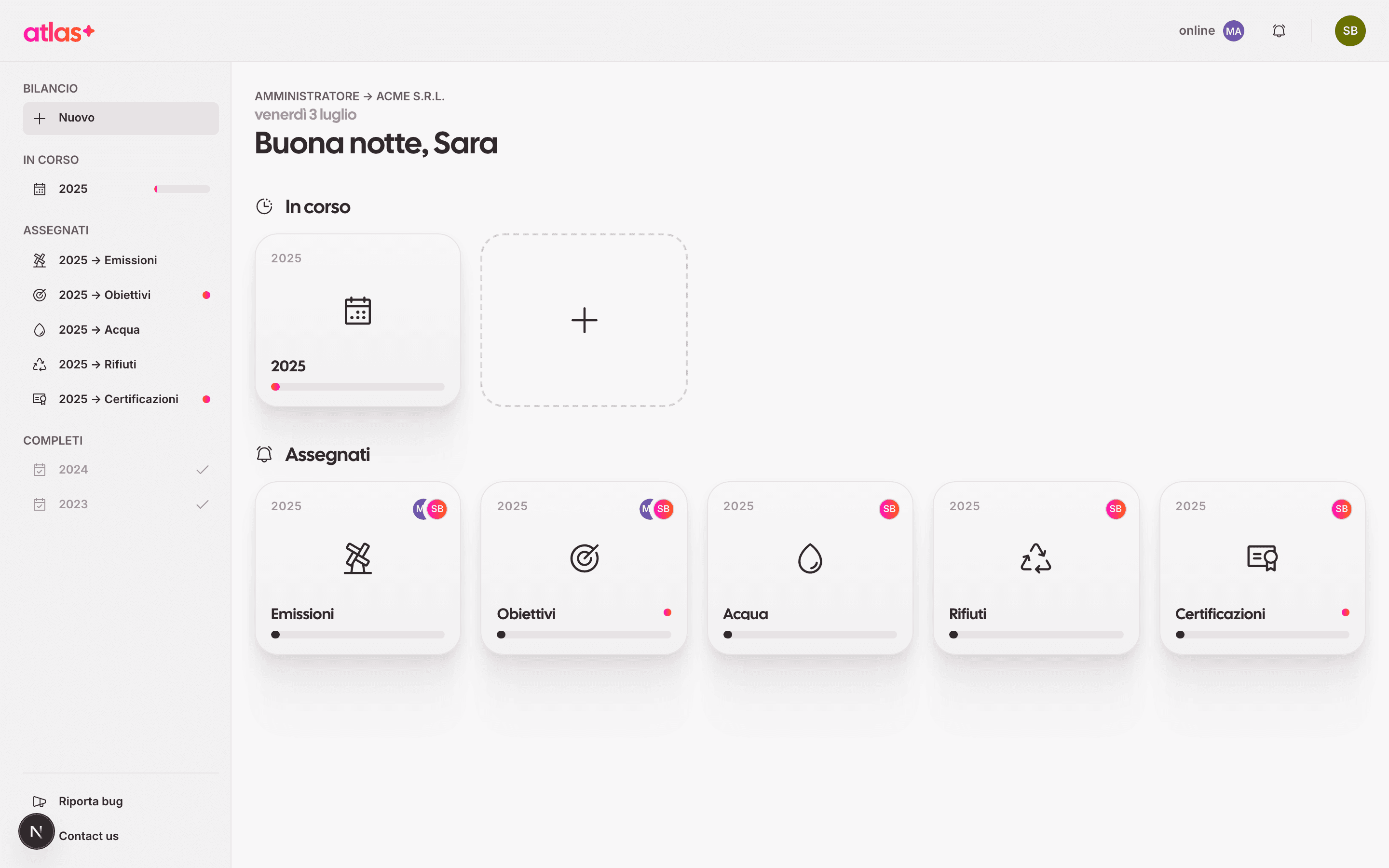 Dashboard di Atlas+ con i moduli del bilancio VSME