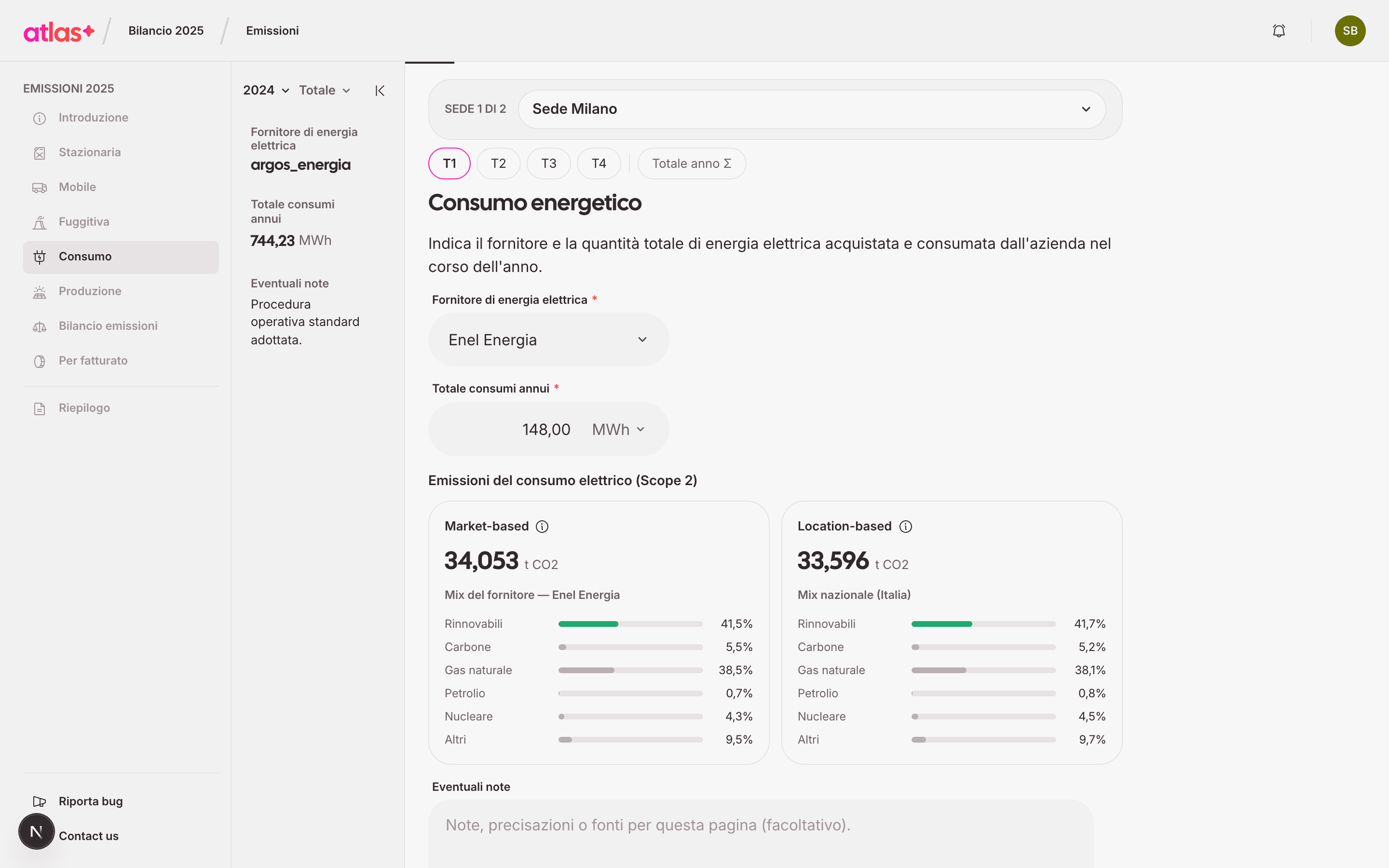 Pagina Consumo energetico con il mix del fornitore